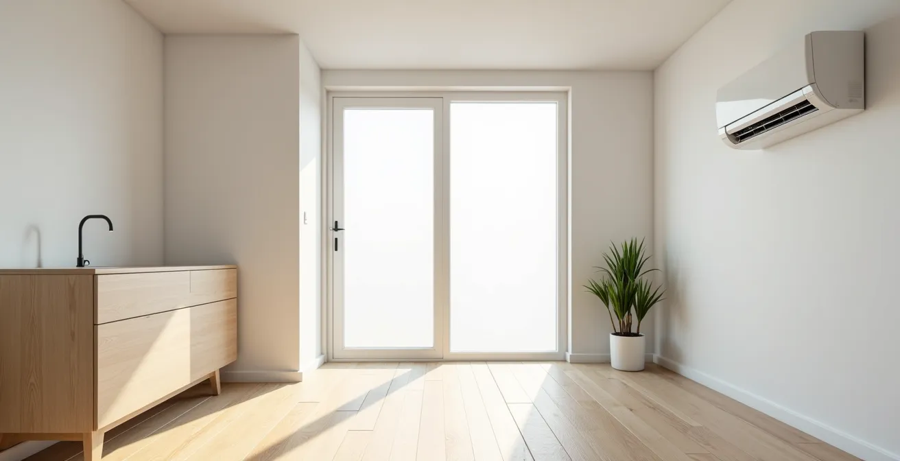 Installation optimisée d'une climatisation réversible dans un petit espace avec support mural déporté