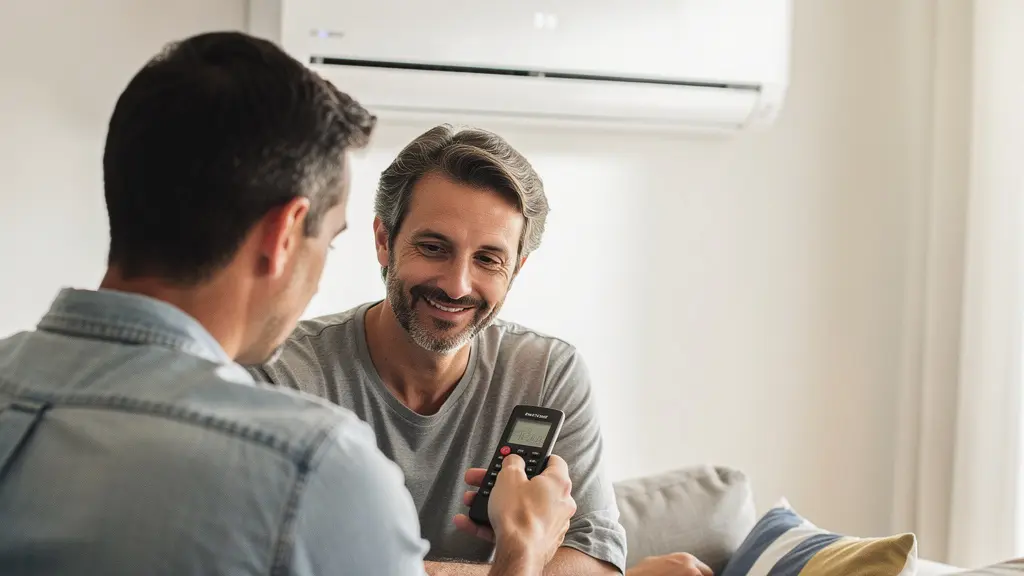 Couple utilisant la télécommande d'un climatiseur mural dans leur salon