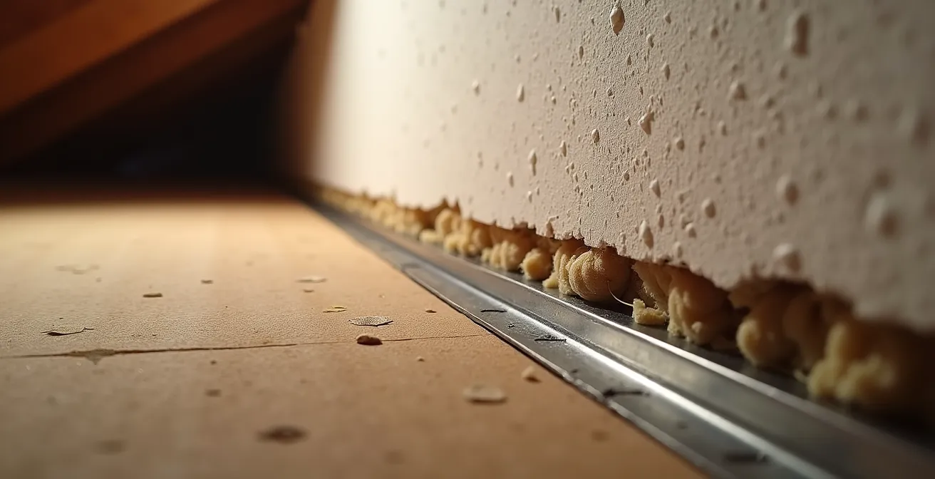 Vue macro détaillée de la structure d'une cloison placo sous combles avec rails métalliques