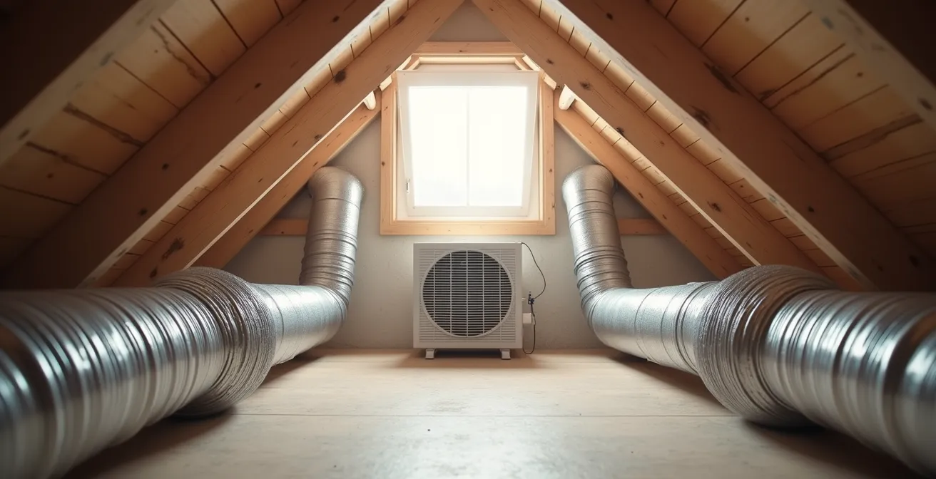 Vue large et minimaliste de gaines de ventilation dans des combles montrant le réseau aéraulique d'un système gainable