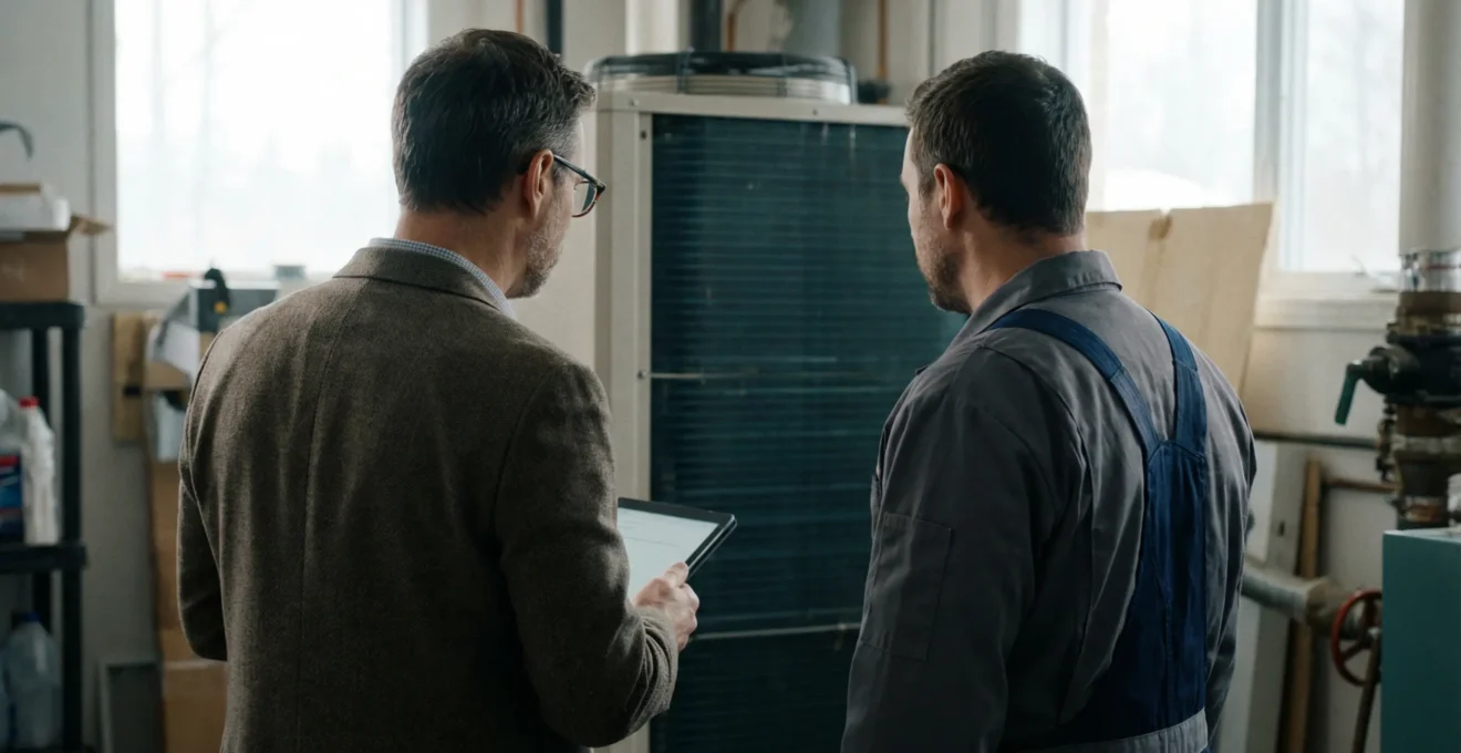 Gestionnaire et technicien CVC discutant devant une thermopompe commerciale