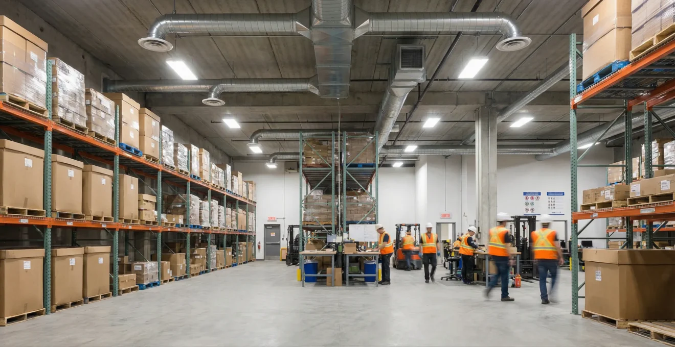 Intérieur d'entrepôt commercial avec système de ventilation CVC visible au plafond