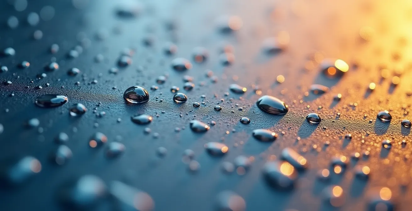 Gros plan macro sur un mur froid couvert de condensation avec un contraste de chaleur visible illustrant les déperditions thermiques