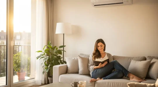 Climatiseur mural dans un salon français moderne avec femme détendue