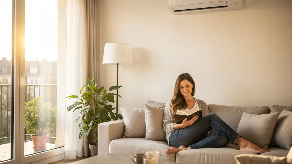 Climatiseur mural dans un salon français moderne avec femme détendue