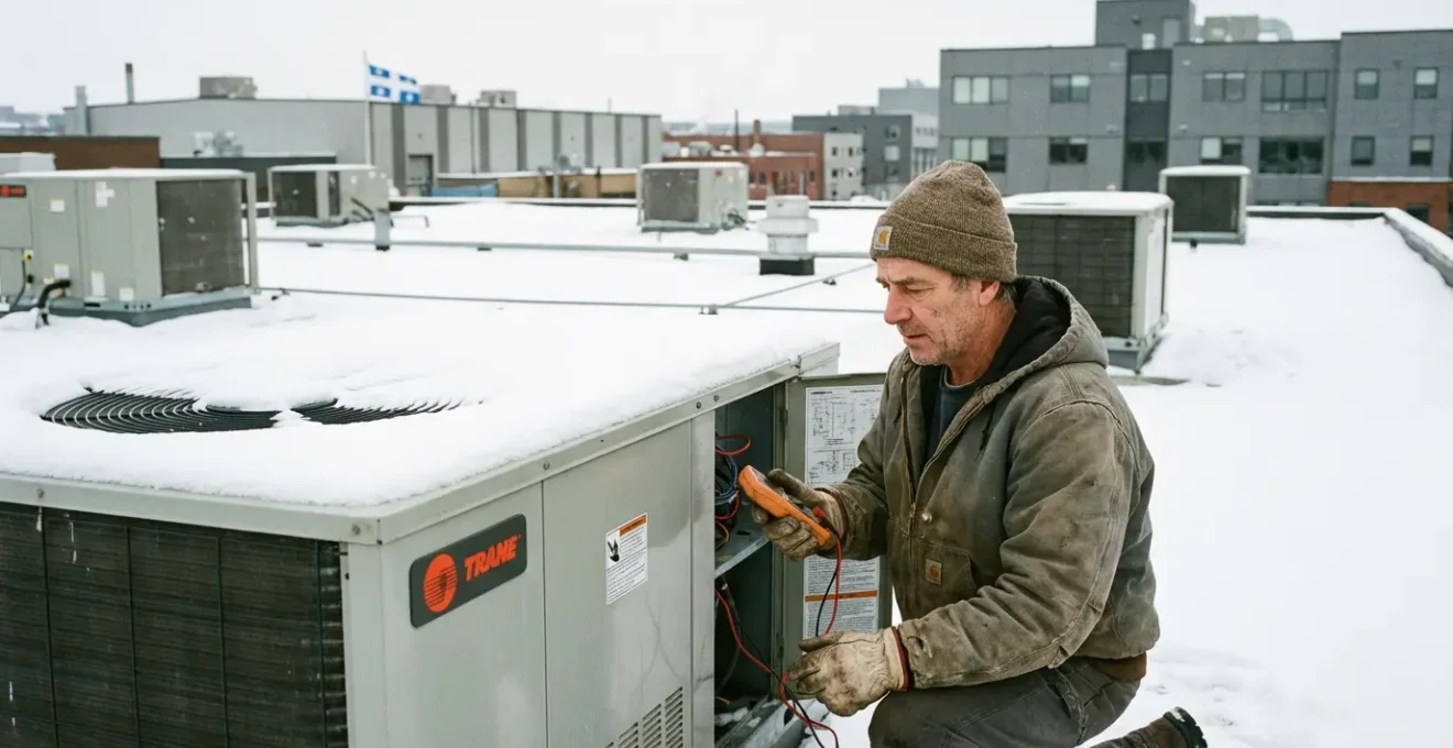 Technicien CVC inspectant une unité de climatisation sur un toit commercial au Québec