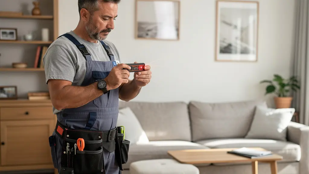 Technicien mesurant la surface d'un salon pour dimensionner un climatiseur mural