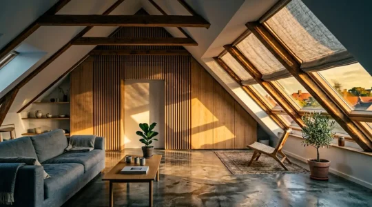 Vue intérieure d'un appartement mansardé moderne avec système de climatisation réversible discret intégré au plafond