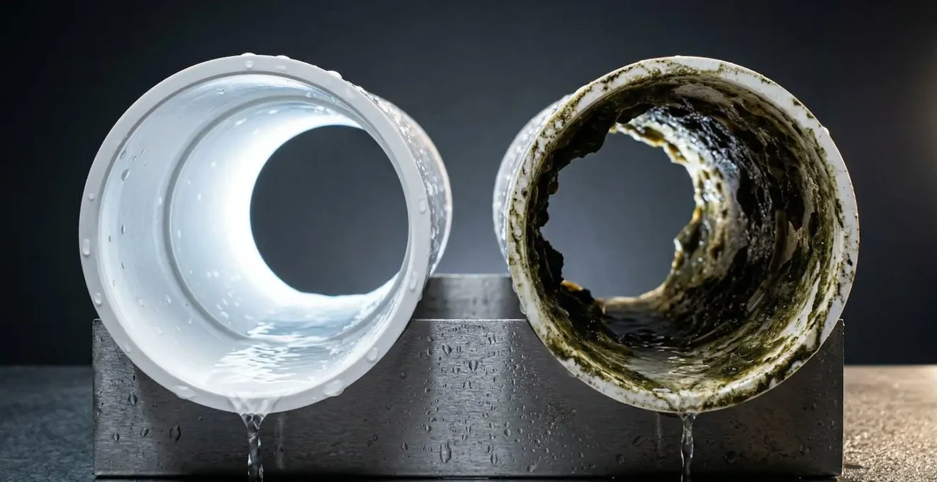 Vue en coupe d'un tuyau d'évacuation montrant l'accumulation de biofilm