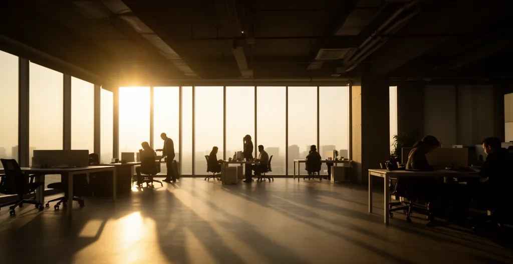 Bureau moderne montrant différentes zones de confort thermique avec employés travaillant dans un environnement lumineux