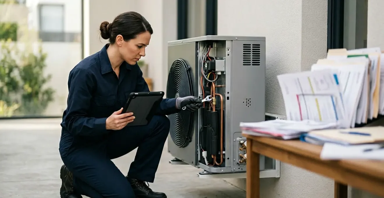 Professionnel certifié RGE vérifiant une installation de pompe à chaleur avec documents d'assurance en arrière-plan