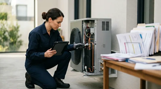 Professionnel certifié RGE vérifiant une installation de pompe à chaleur avec documents d'assurance en arrière-plan