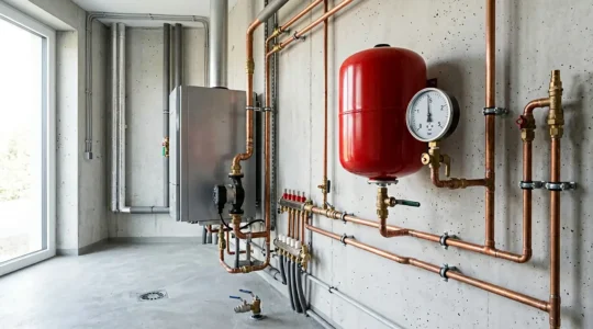 Vue technique d'un système de chauffage central avec focus sur le vase d'expansion rouge et le manomètre de pression