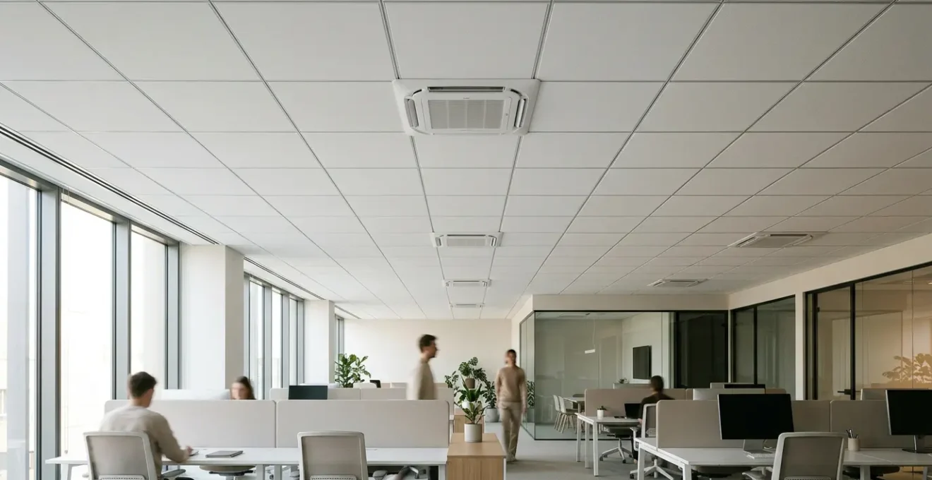 Vue grand angle d'un espace de travail moderne avec cassettes de climatisation intégrées au plafond diffusant de l'air de manière homogène