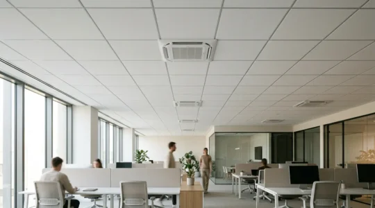 Vue grand angle d'un espace de travail moderne avec cassettes de climatisation intégrées au plafond diffusant de l'air de manière homogène