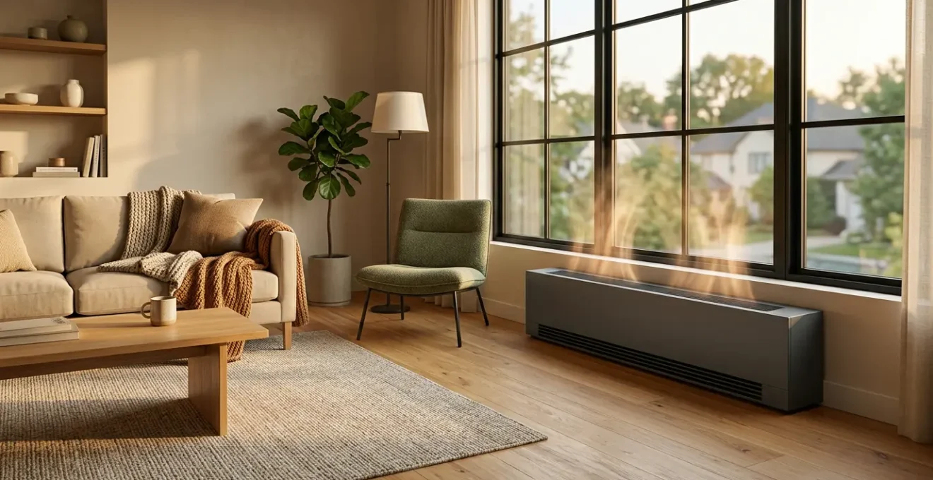 Climatisation console installée dans un salon moderne, diffusant harmonieusement la chaleur au sol