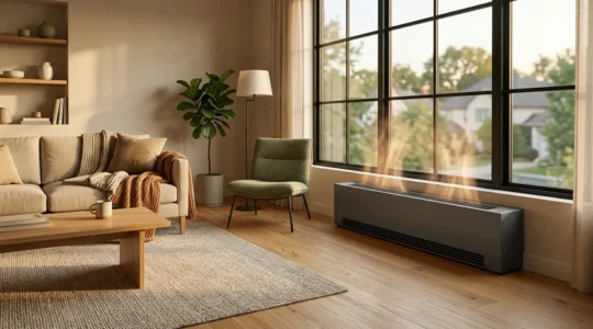 Climatisation console installée dans un salon moderne, diffusant harmonieusement la chaleur au sol