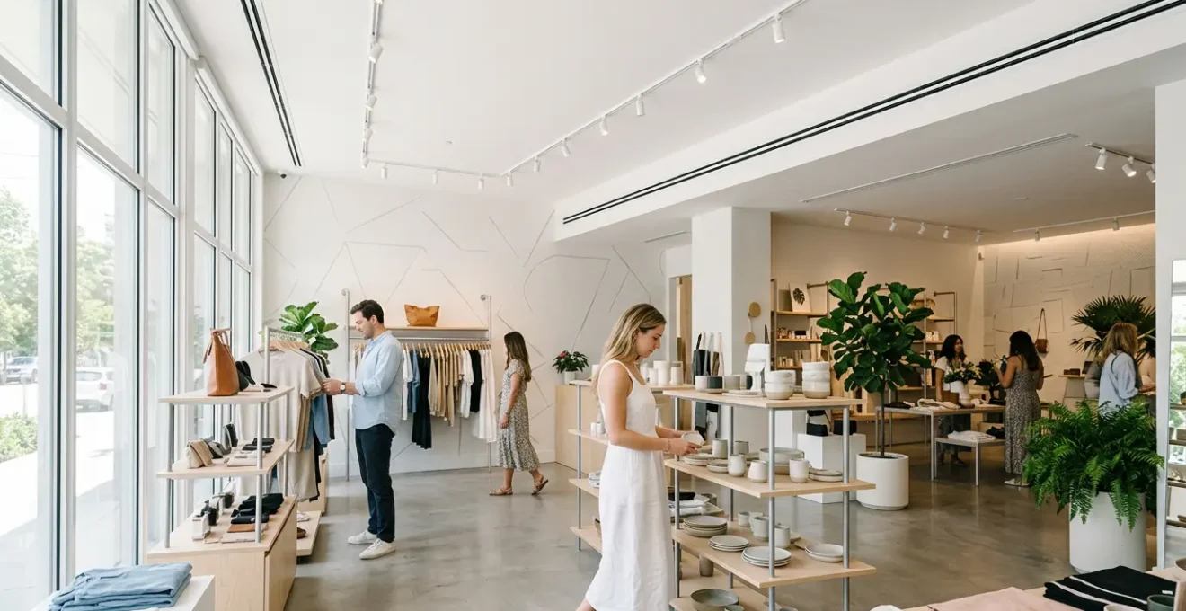 Intérieur moderne d'un magasin avec système de climatisation discret et clients détendus