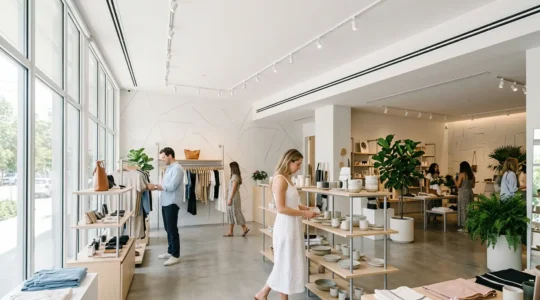 Intérieur moderne d'un magasin avec système de climatisation discret et clients détendus
