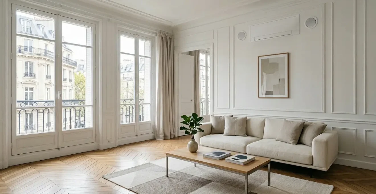 Salon moderne d'appartement équipé d'un climatiseur monobloc discret au mur, ambiance épurée