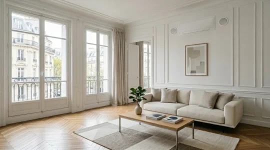 Salon moderne d'appartement équipé d'un climatiseur monobloc discret au mur, ambiance épurée