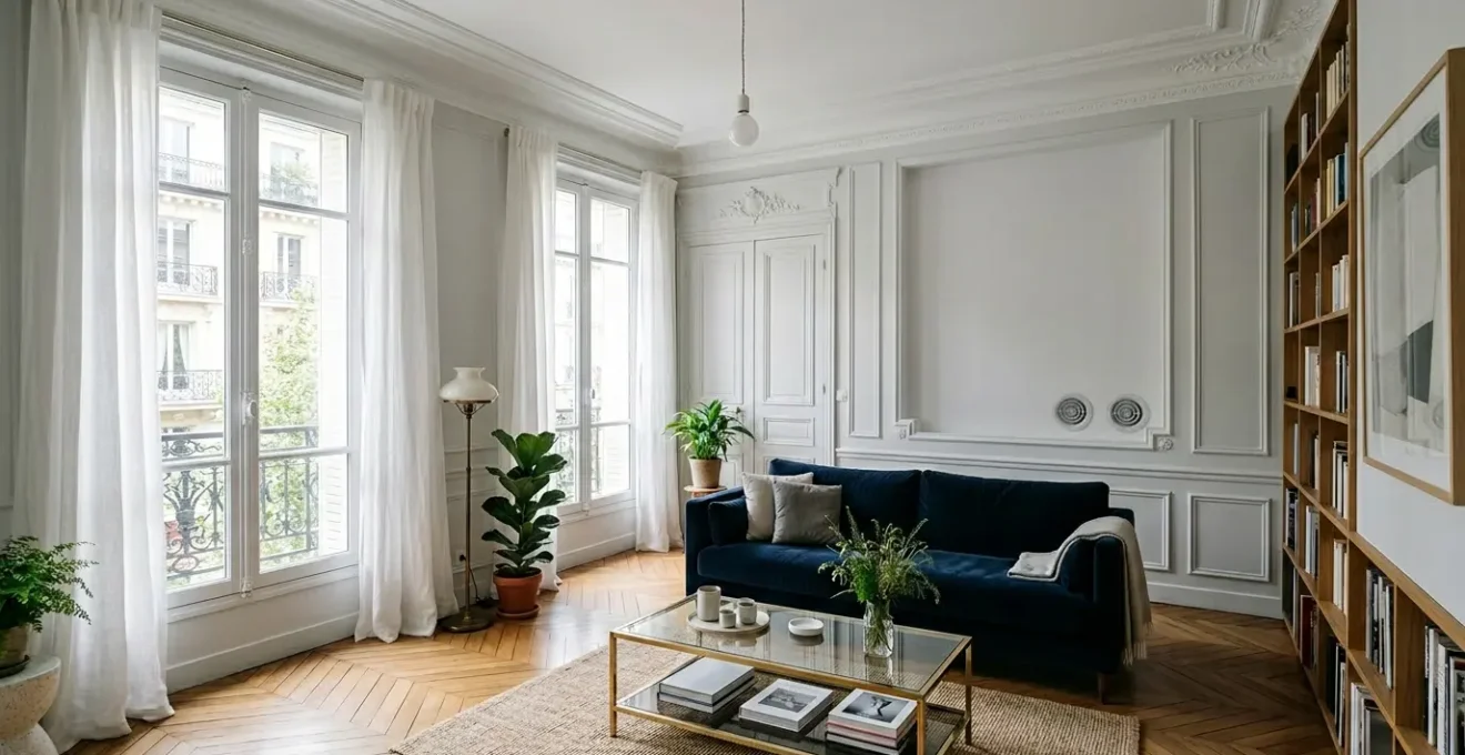 Installation discrète de climatisation monobloc dans un appartement haussmannien avec grilles murales camouflées