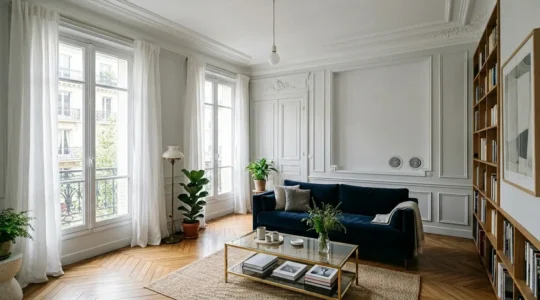 Installation discrète de climatisation monobloc dans un appartement haussmannien avec grilles murales camouflées