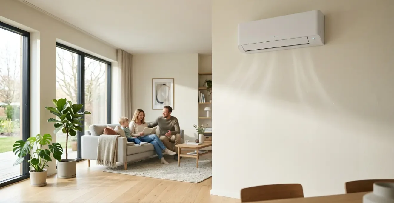 Salon moderne avec unité de climatisation réversible murale diffusant subtilement l'air, famille détendue en arrière-plan