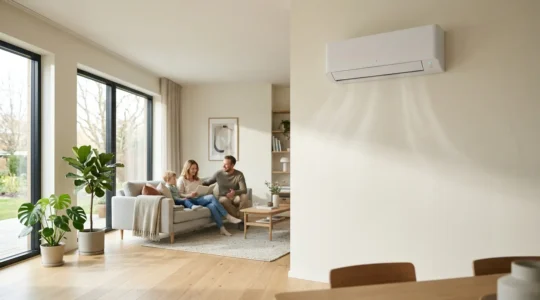 Salon moderne avec unité de climatisation réversible murale diffusant subtilement l'air, famille détendue en arrière-plan
