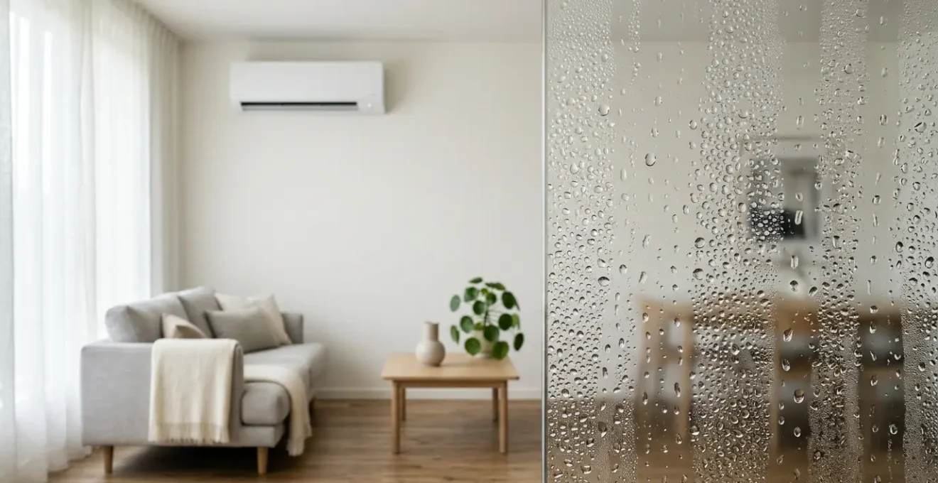 Intérieur moderne avec système de climatisation et gouttes de condensation suggérant la déshumidification de l'air