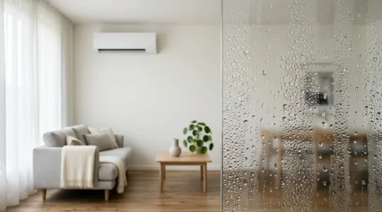 Intérieur moderne avec système de climatisation et gouttes de condensation suggérant la déshumidification de l'air