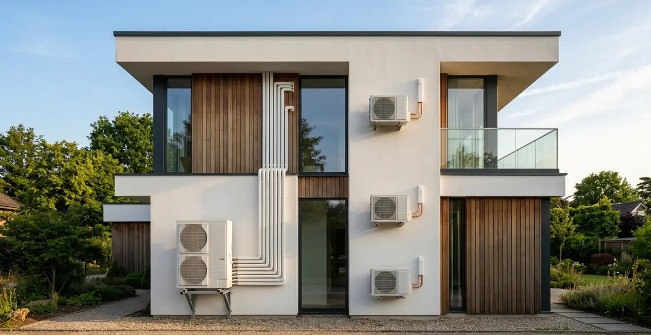 Vue comparative montrant l'installation de climatisation multi-split avec une unité extérieure versus plusieurs mono-splits sur une façade de maison moderne