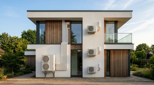Vue comparative montrant l'installation de climatisation multi-split avec une unité extérieure versus plusieurs mono-splits sur une façade de maison moderne
