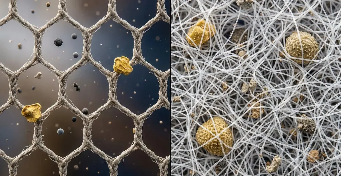 Comparaison microscopique entre le maillage d'un filtre standard et d'un filtre HEPA avec différentes tailles de particules