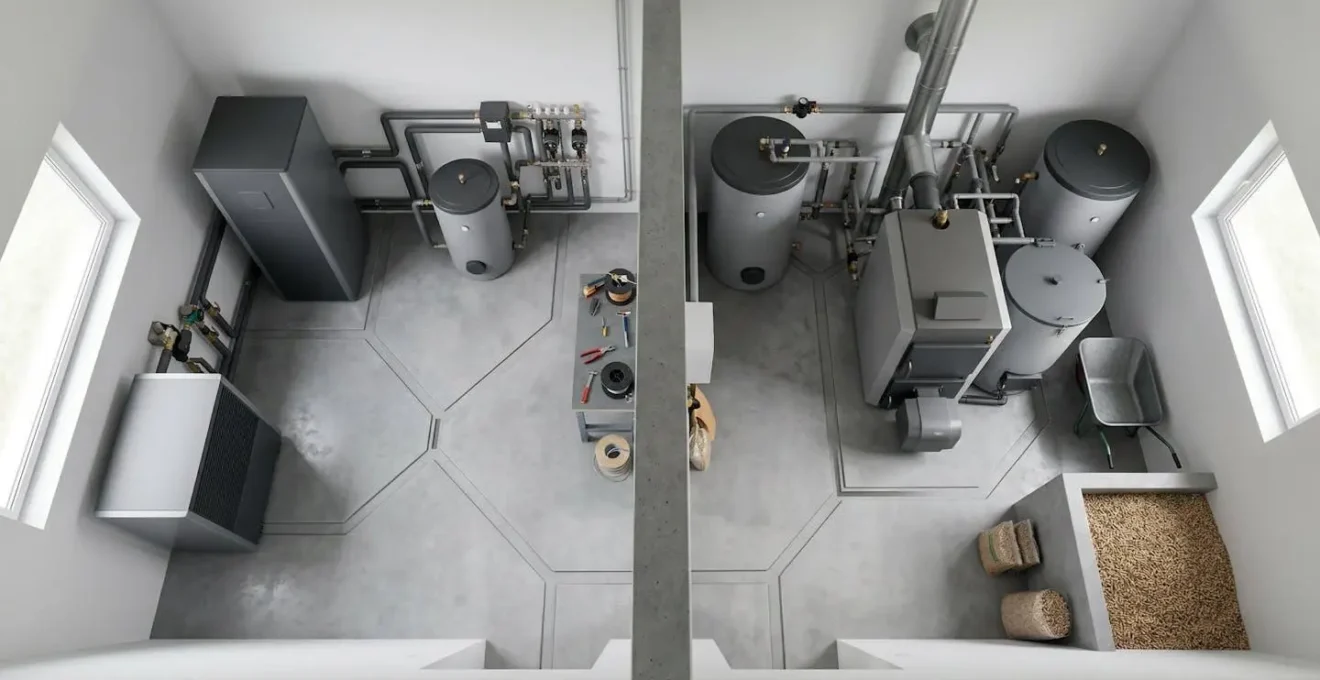 Vue aérienne comparative montrant l'emprise au sol d'une PAC et d'une chaufferie biomasse avec silo