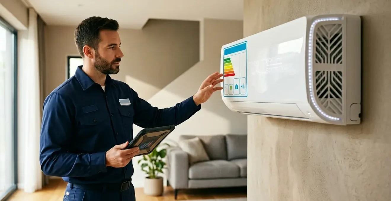 Technicien examinant une étiquette énergie colorée sur une unité de climatisation moderne dans un intérieur lumineux