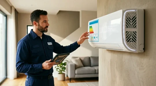 Technicien examinant une étiquette énergie colorée sur une unité de climatisation moderne dans un intérieur lumineux