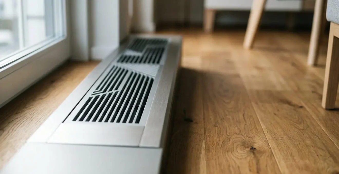 Console de climatisation réversible intégrée discrètement au pied d'un mur dans un petit espace