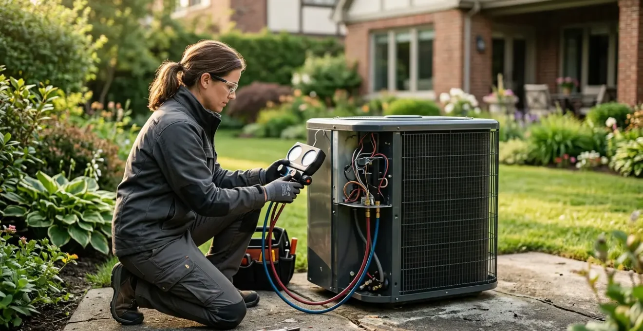 Technicien de maintenance vérifiant une unité extérieure de pompe à chaleur dans un jardin résidentiel