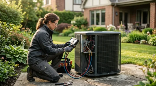 Technicien de maintenance vérifiant une unité extérieure de pompe à chaleur dans un jardin résidentiel