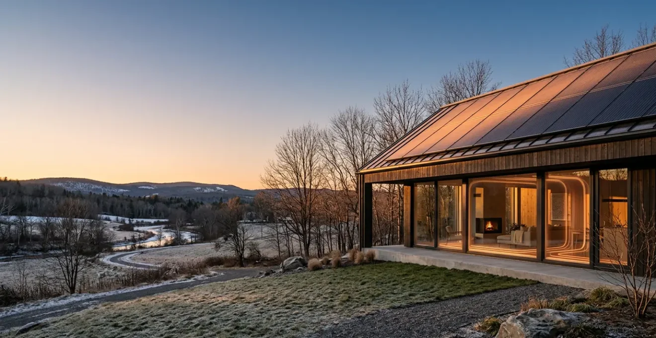 Maison moderne équipée de panneaux solaires avec système de chauffage visible en transparence