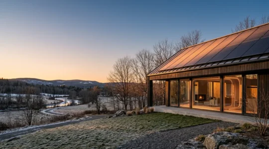 Maison moderne équipée de panneaux solaires avec système de chauffage visible en transparence