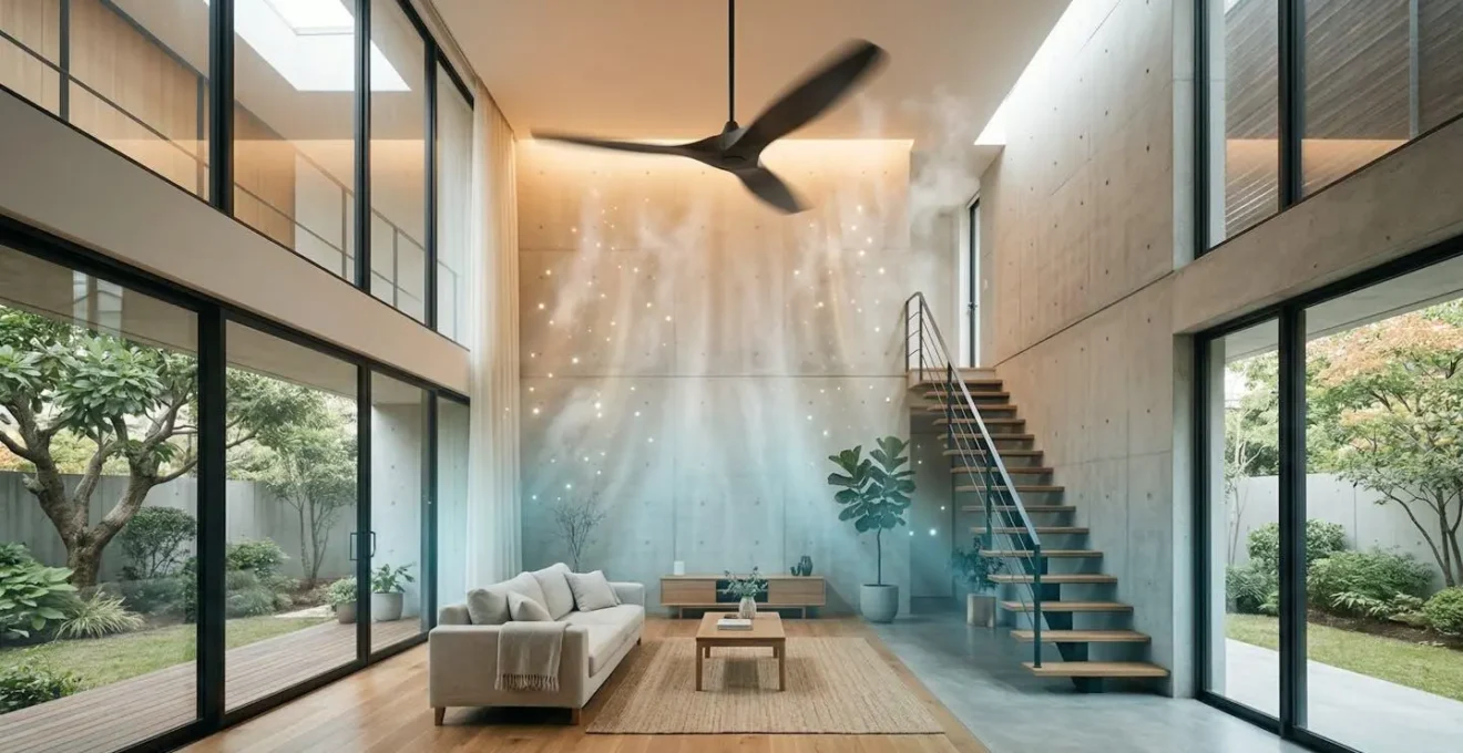 Vue en coupe d'une pièce montrant la circulation d'air chaud du plafond vers le sol