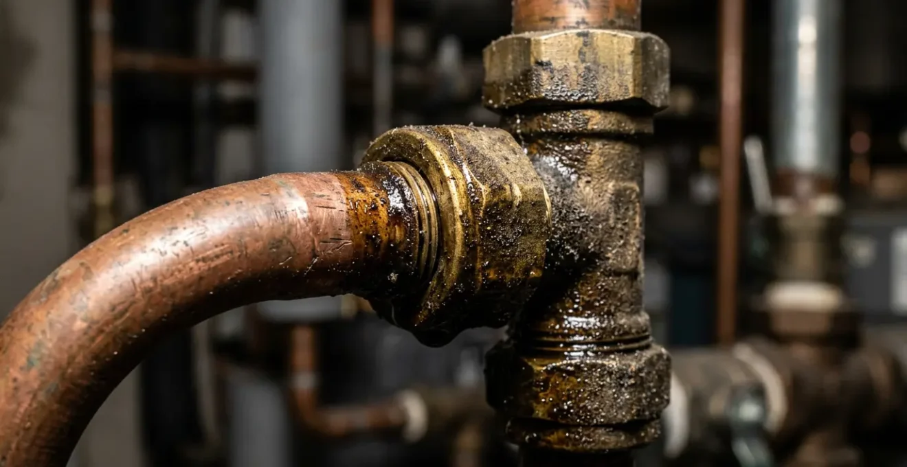 Vue rapprochée de raccords frigorifiques montrant des traces d'huile caractéristiques d'une fuite de gaz réfrigérant