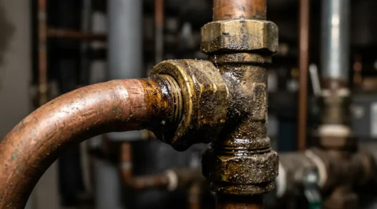 Vue rapprochée de raccords frigorifiques montrant des traces d'huile caractéristiques d'une fuite de gaz réfrigérant