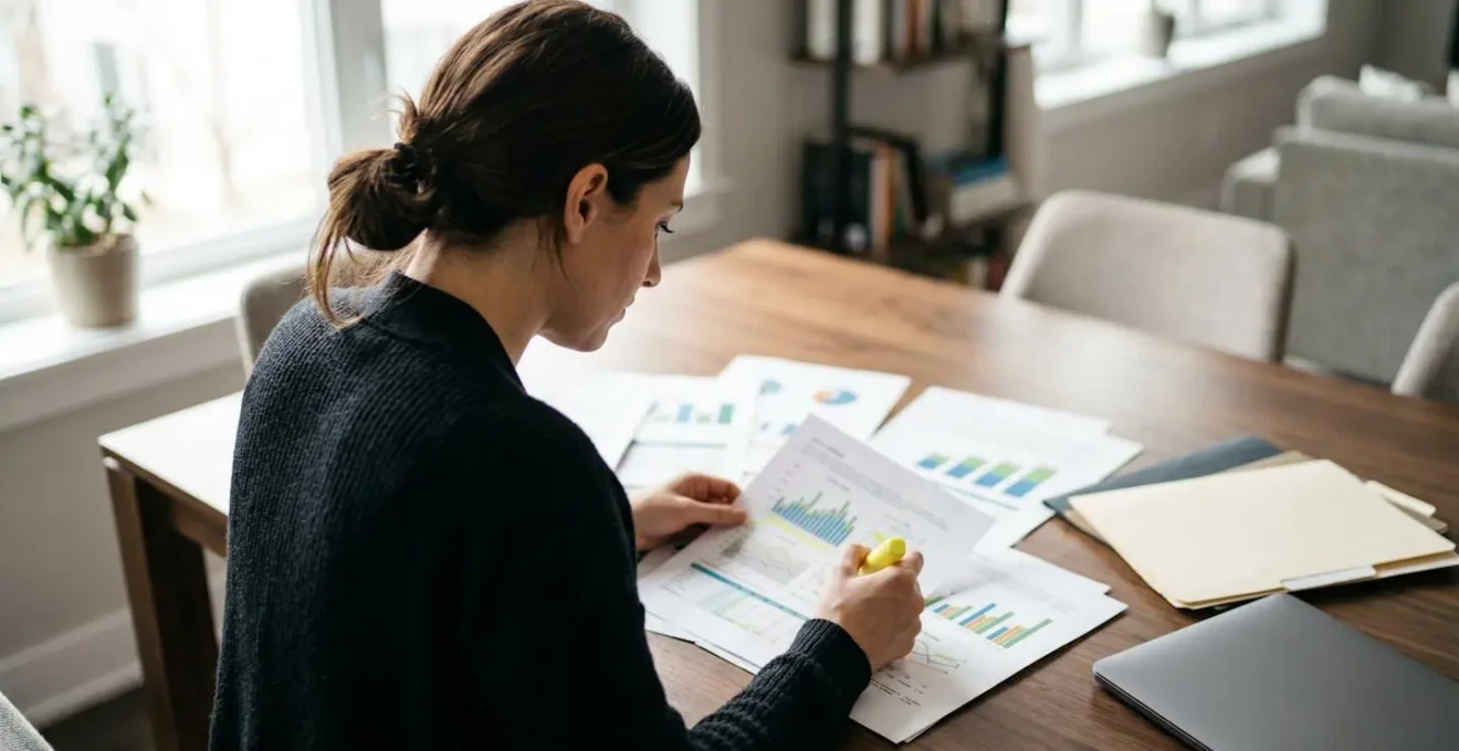 Personne analysant plusieurs devis de pompe à chaleur sur une table de travail