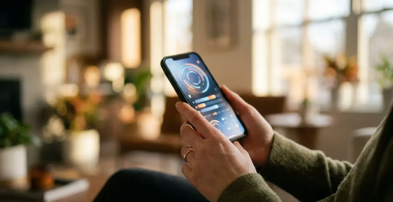 Main tenant un smartphone avec interface de contrôle domotique pour climatisation, arrière-plan flou d'un intérieur moderne