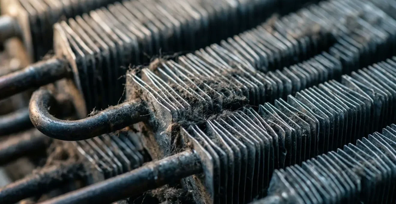 Vue macro détaillée d'un condenseur de réfrigérateur avec accumulation de poussière visible