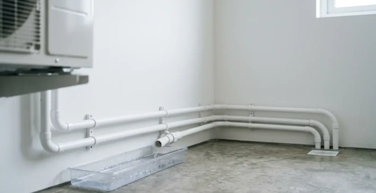 Vue détaillée d'un système d'évacuation des condensats de climatisation montrant les tuyaux et le bac de récupération