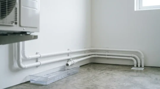 Vue détaillée d'un système d'évacuation des condensats de climatisation montrant les tuyaux et le bac de récupération